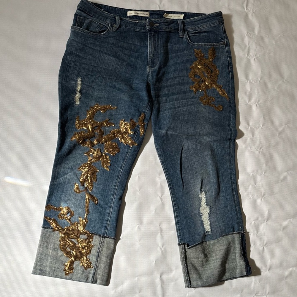 Pilcro Crop Cuff Hyphen Boyfriend Blue Jeans with Bronze Sequin Embellishments
